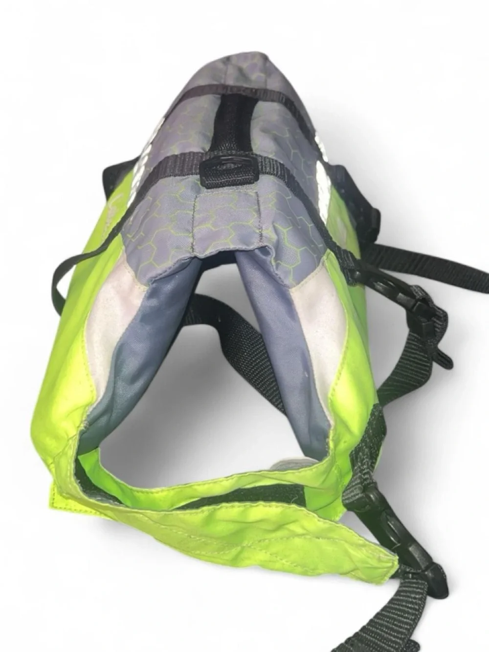 Cabela's Lime Green and Gray Dog Life Jacket with Black Straps